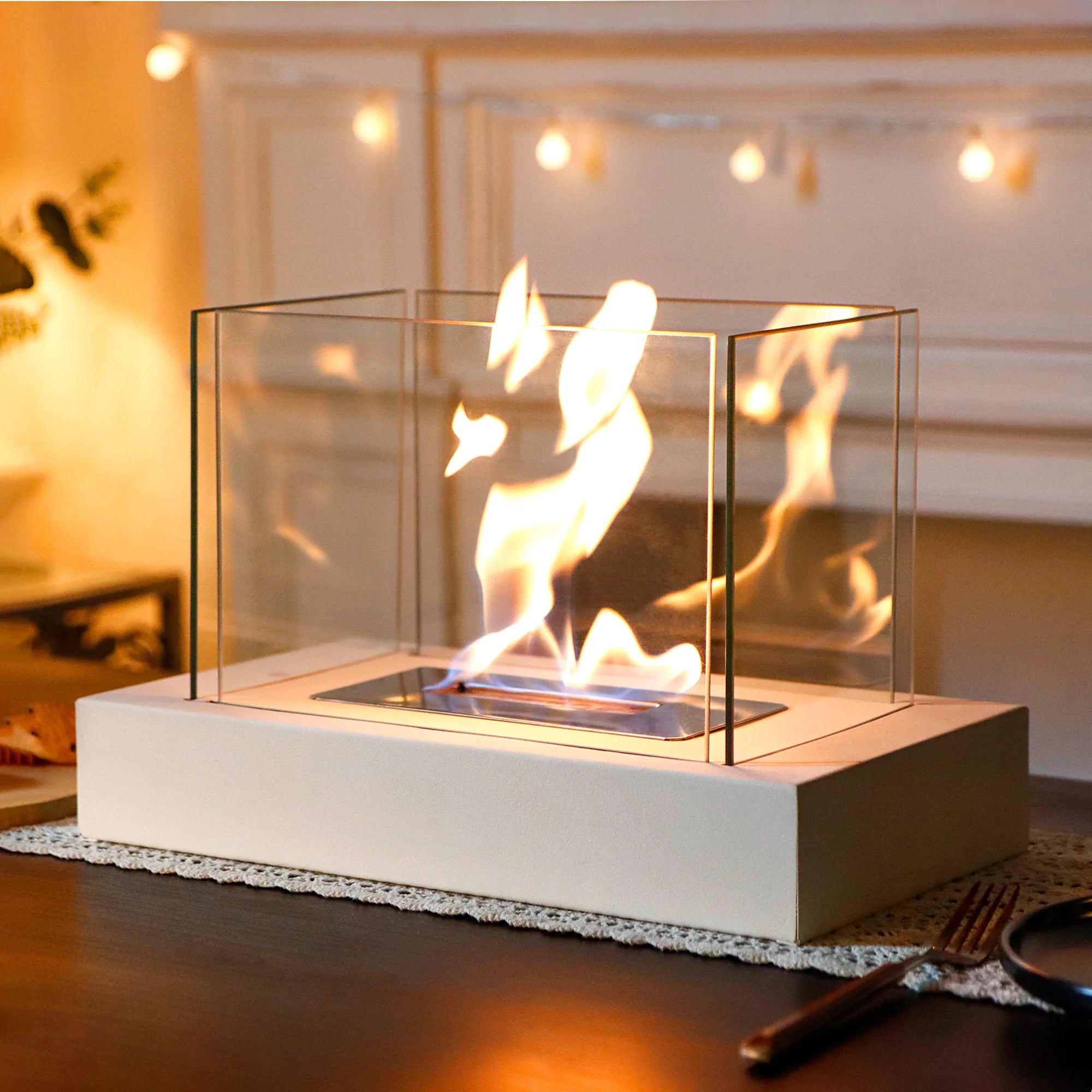 360° View Rectangular Tabletop Fireplace Fire Bowl With Four-Sided Glass