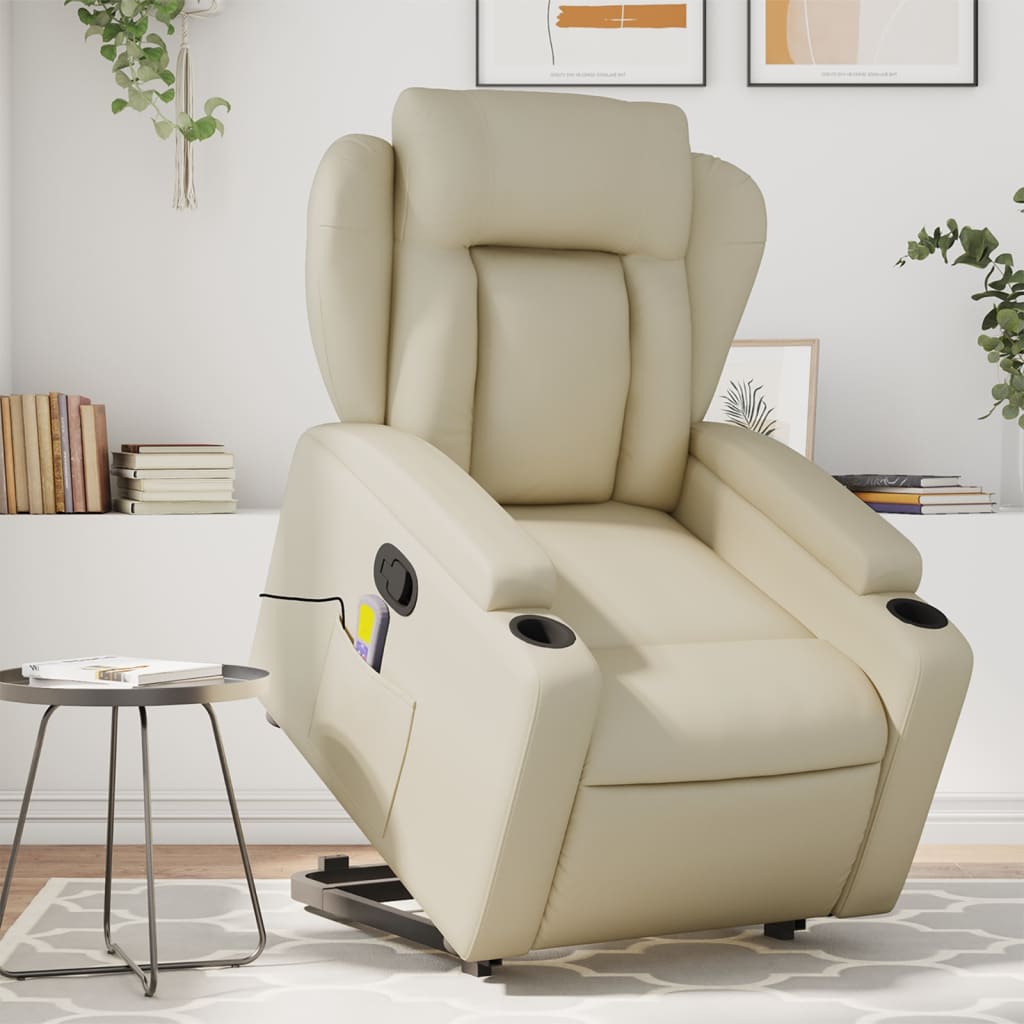 vidaXL Stand up Massage Recliner Chair Cream Faux Leather