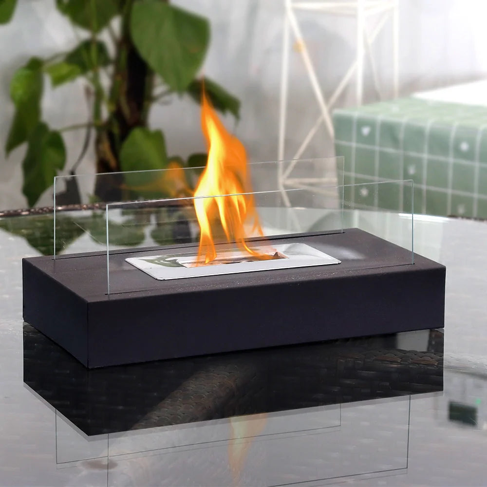Square Tabletop Fire Bowl Pot with Two-Sided Glass
