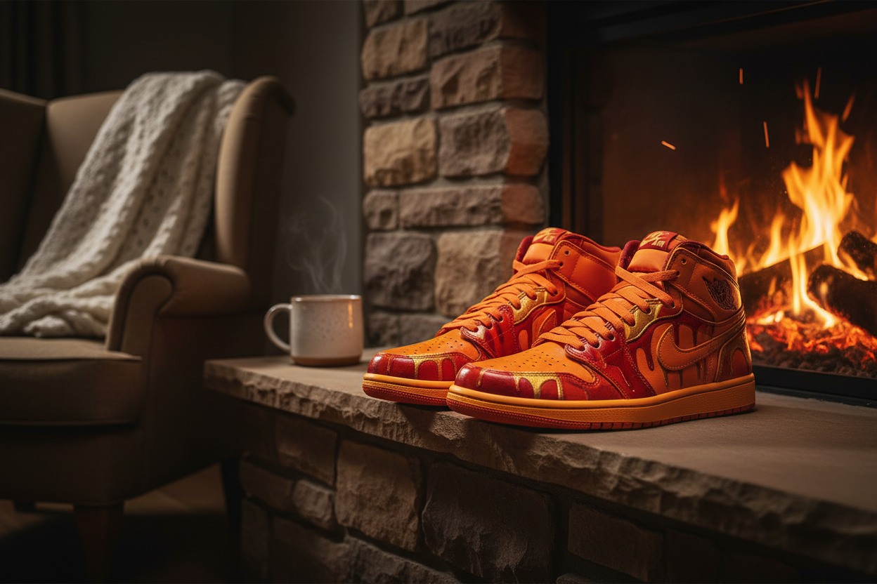 orange drip drop Jordans by fire place