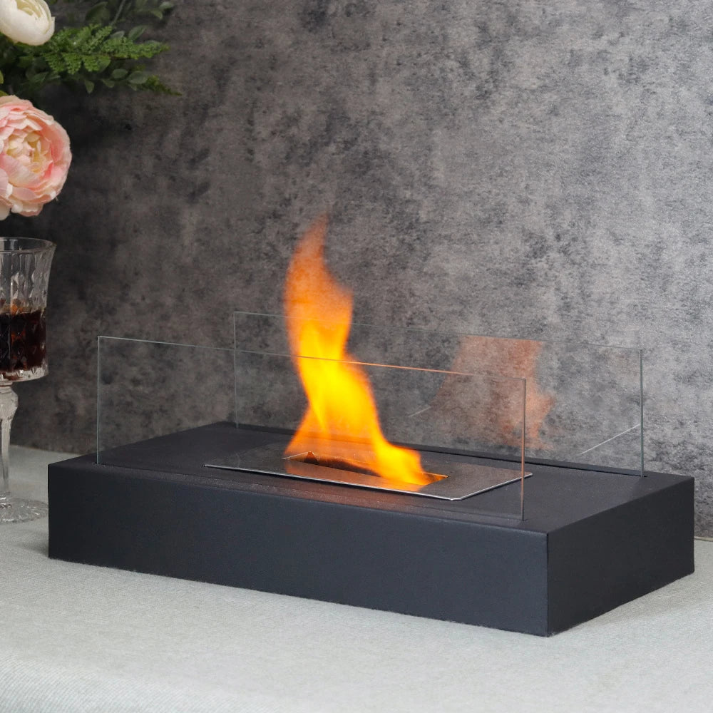 Square Tabletop Fire Bowl Pot with Two-Sided Glass